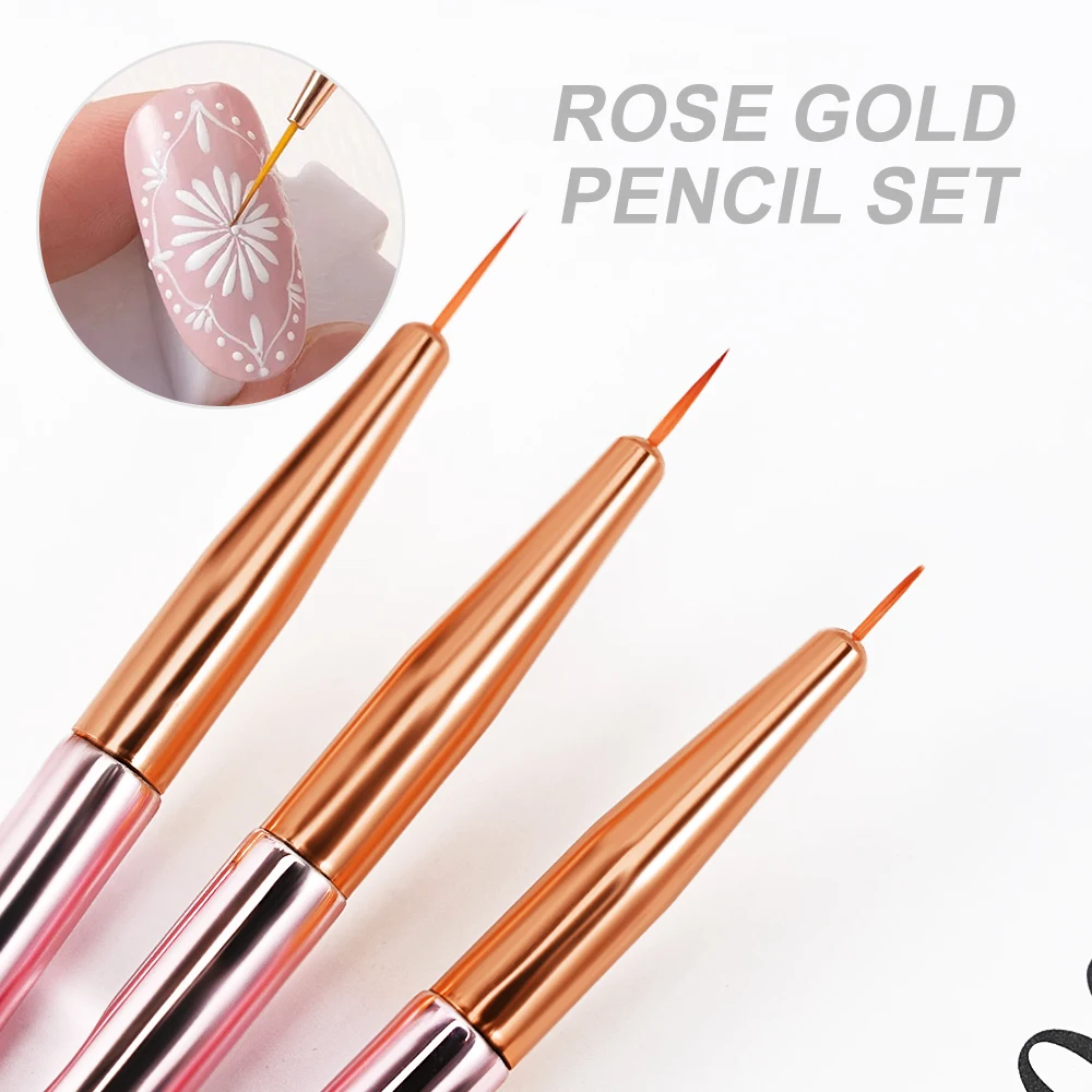 3/5 Pz/set Oro Rosa Nail Art Liner Brush Set 6/8/11mm Non-Fine Gel UV Liner Pennello per pittura Disegno FAI DA TE Fiore Striping Strumento