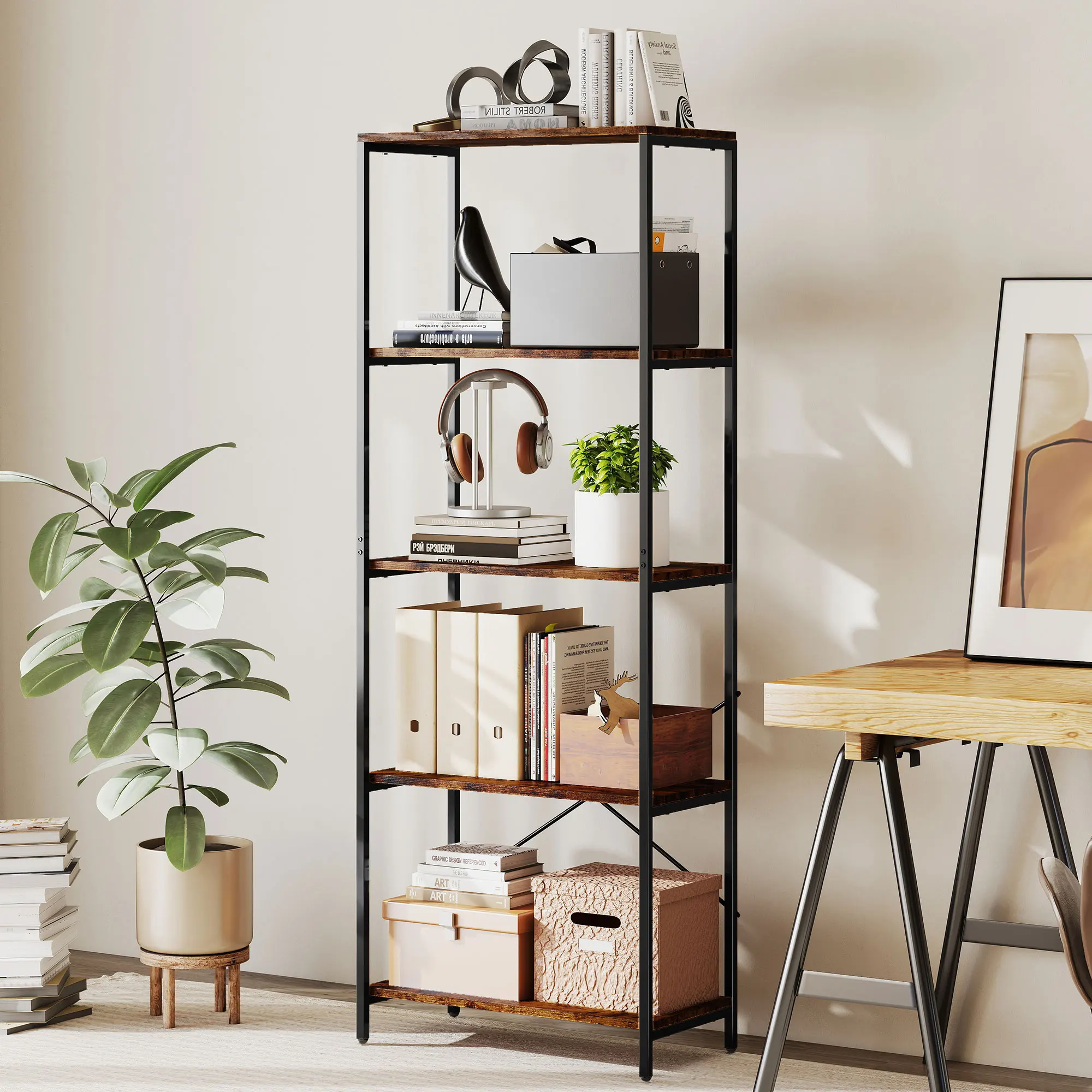 HOMCOM 5-laags plank Industriële kantoorplank Metalen frame Open opbergplank woonkamer kantoor studeerkamer plank 79x35x161 cm Rustiek Bruin