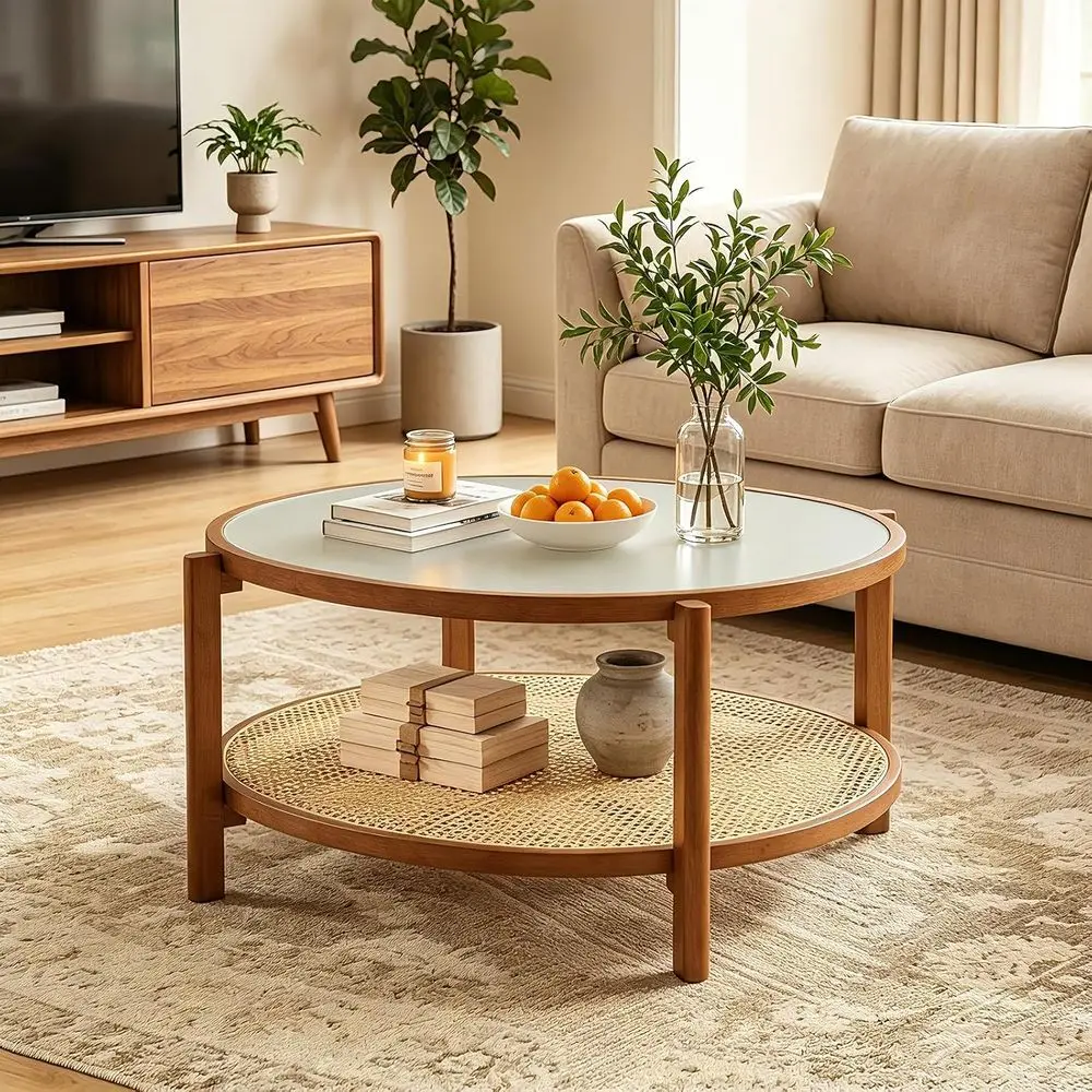 35 Glass Center Table with Storage, Roasted Tempered Glass Top & Solid Wood Leg, Small Accent Tea Table, Round Coffee Table for