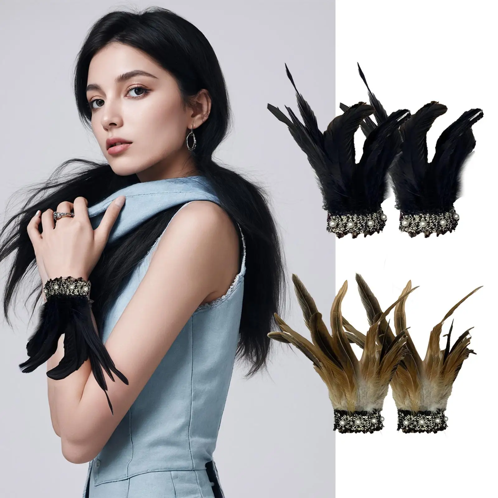 2 Pieces Artificial Feather Steampunk Feather Wrist Cuffs Feather Cuffs Bracelets for Halloween Carnival Stage Dance Evening