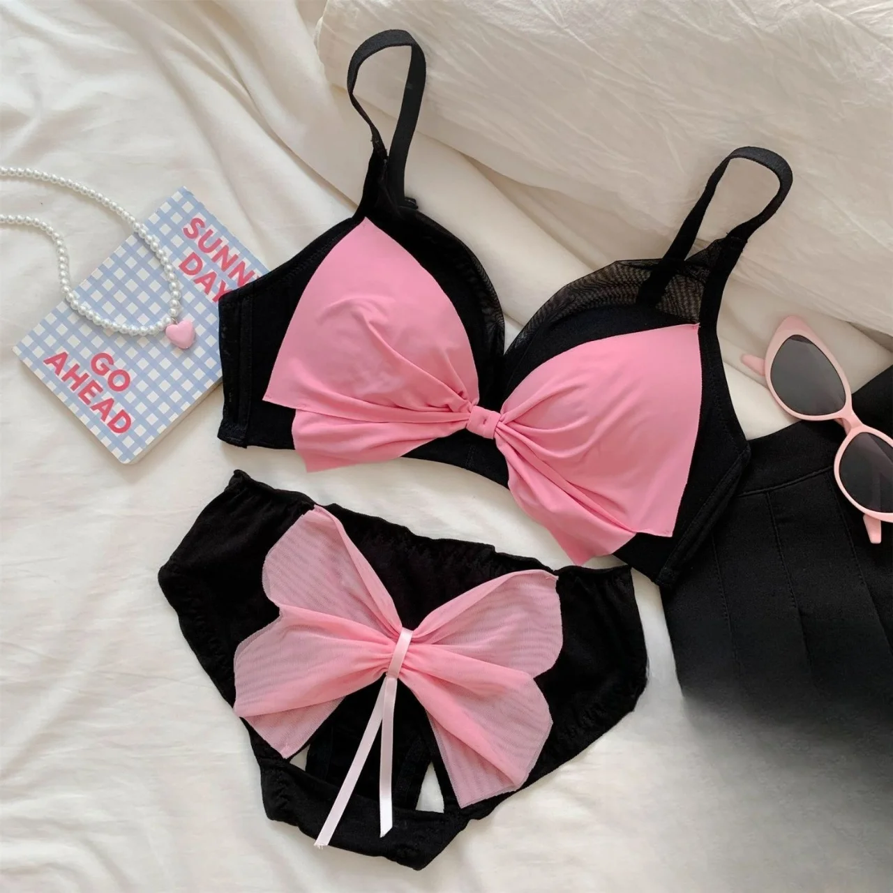 

Japanese Harajuku style Y2K spicy girl bow lingerie set sweet and cute students without steel rings comfortable bra set emo