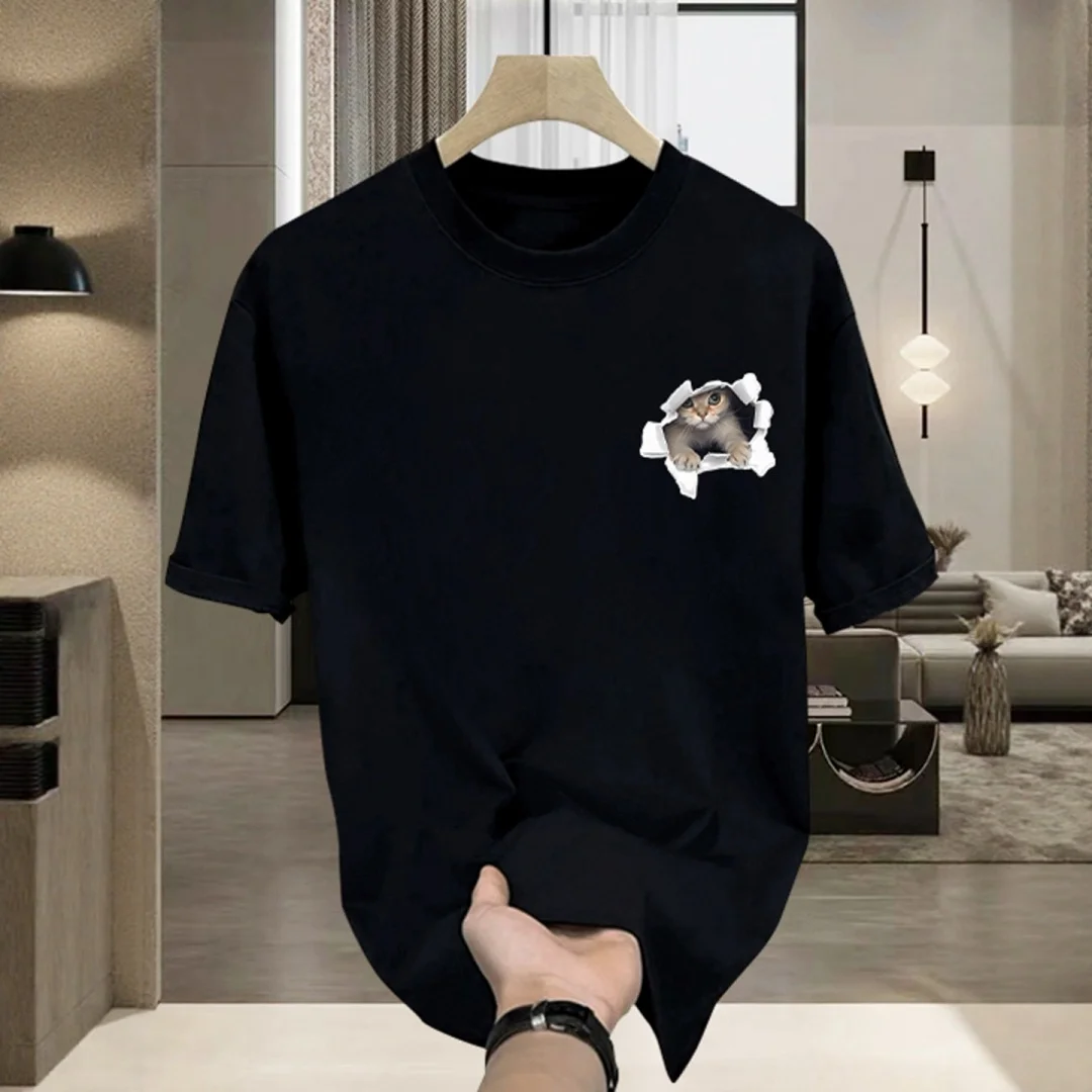 Kaus Grafis Gambar Kucing Kaus Pria dan Wanita Katun Murni Nyaman Sejuk Serbaguna Kelas Atas Santai Fashion Musim Panas