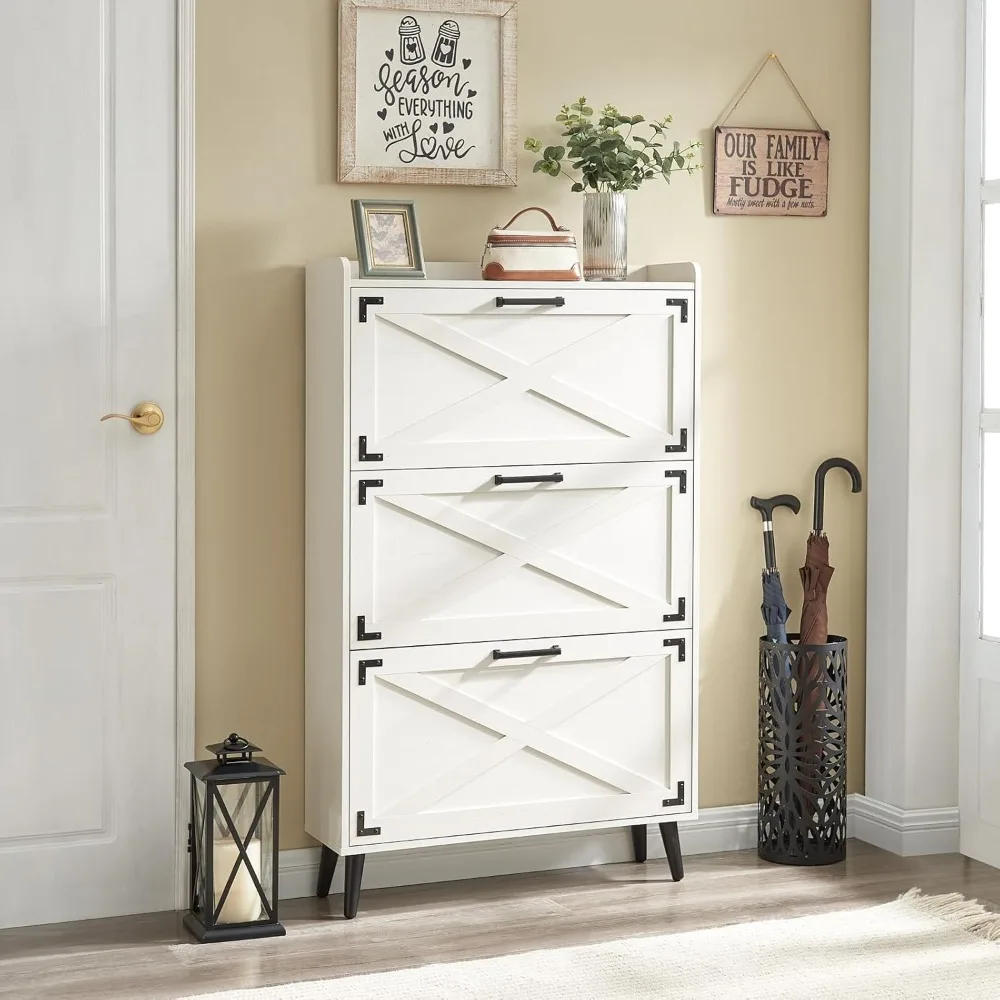 Shoe cabinet, farmhouse shoe locker with 3 flip-out drawers and barn door design, separate hidden slim shoe rack cabinet