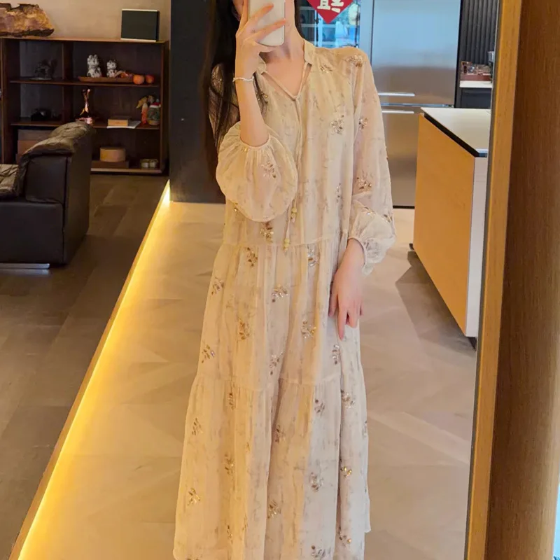 Temperament Chinese style simple long-sleeved gold silk fallen leaves smudged embroidery long-sleeved thin women's dress