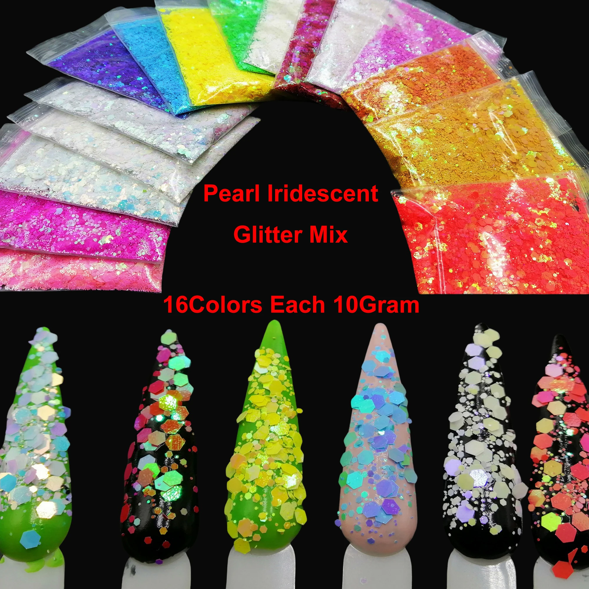 

16Color Pearl Iridescent Rainbow Chunky Glitter Mix Hexagon Shape Sequins for Nail Art DIY Makeup Facepaint Cosmetic Craft