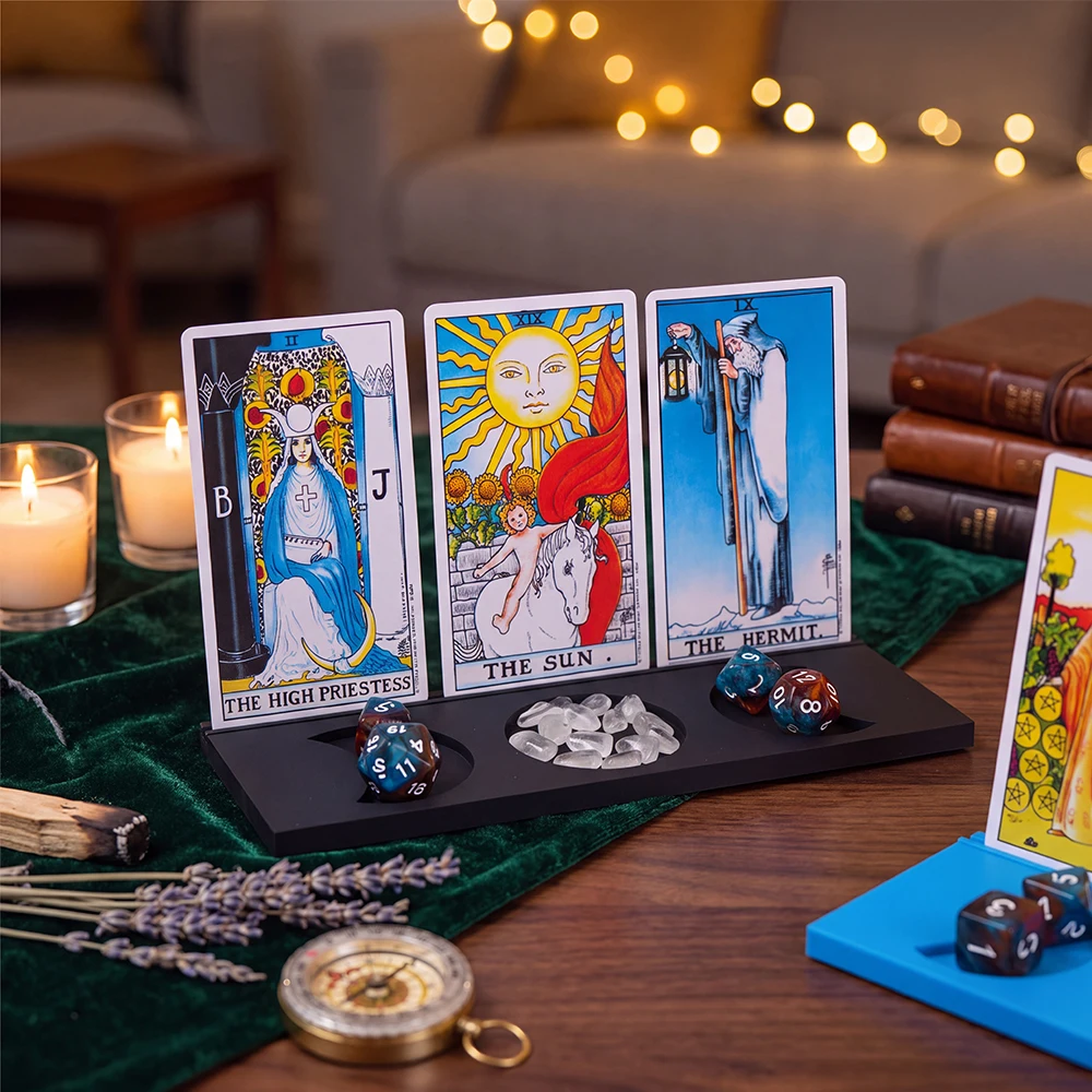 3-Slot Tarot Card Display Stand Tarot Card Holder with Crystal Dice Storage Slot Witch Altar Divination Tabletop Game Accessory