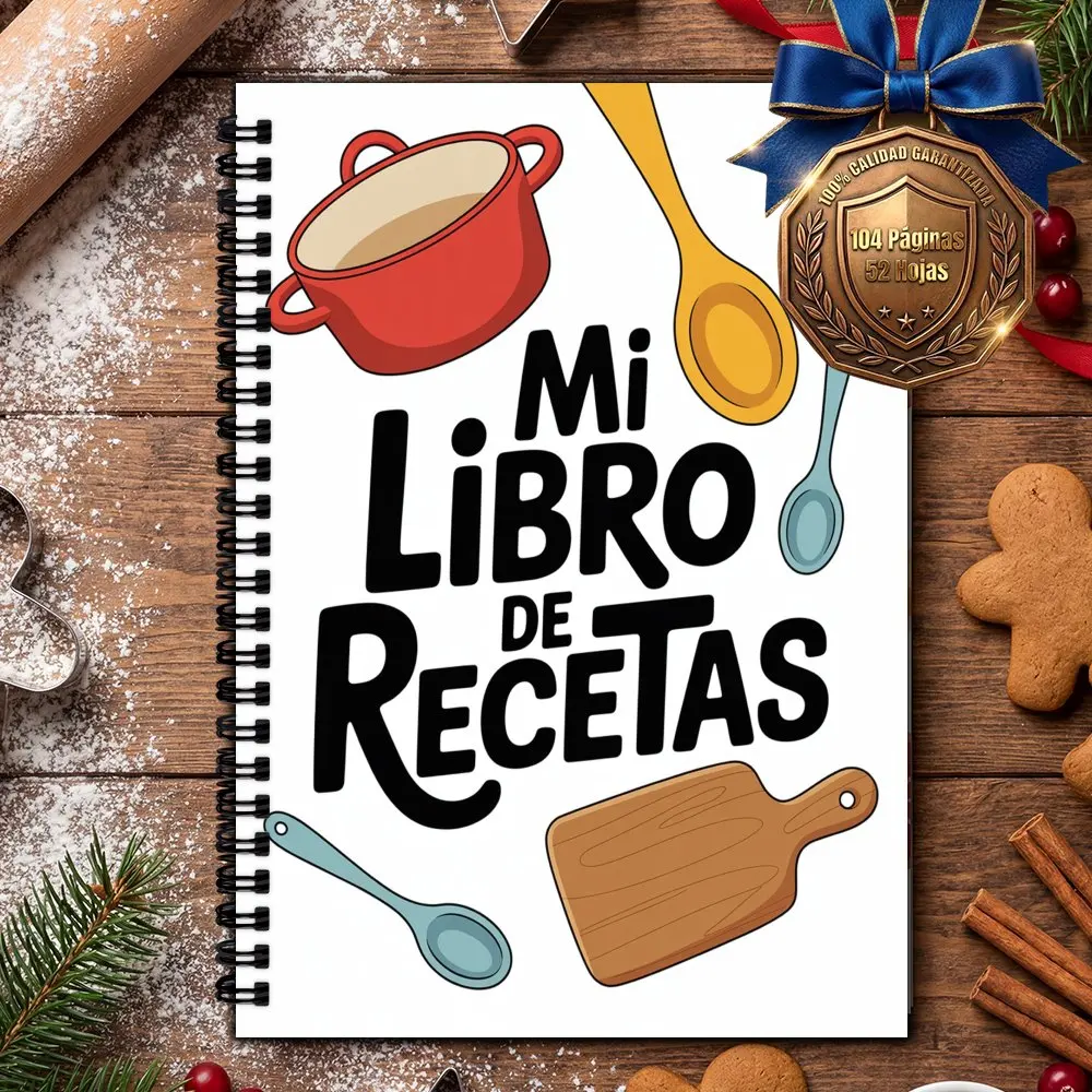 A5 Spanish version recipe notebook, Collection Holds Up to 100 Recipes with Cooking Utensils (Pot, Spoons, Cutting Board) Design