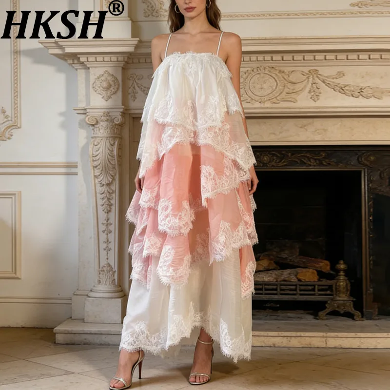 HKSH Women Strap Long Dress Multi-layer Lace Patchwork Color Block Sexy Chic Pleated Sleeveless Oversized Dresses Summer HK21796