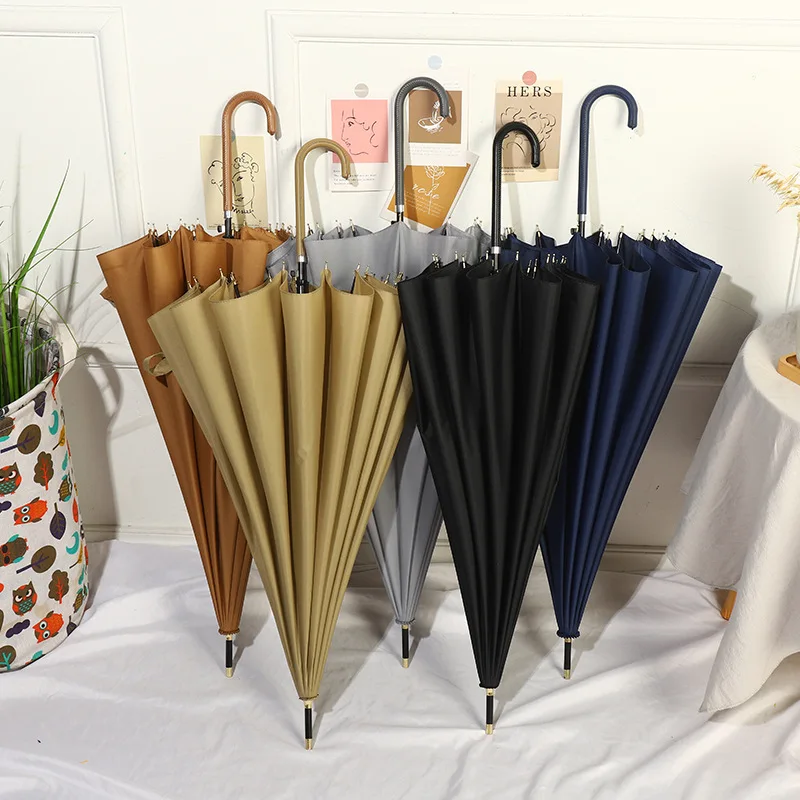 11 Colors Woman Straight Windproof Umbrella Pure Color Leather Long Handle Luxury Rain Umbrellas 16K
