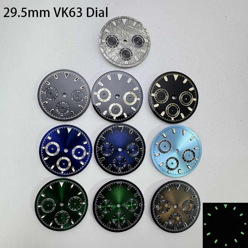

Новый модифицированный циферблат часов 29,5 мм, 3 глаза, зеленый светящийся циферблат с солнечными лучами, подходит для часов с механизмом VK63, аксессуары