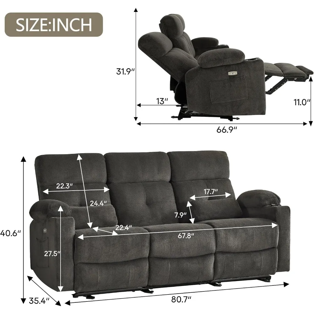 Reclining Sofa with Heat and Massage, 80'' Wall-Hugger Double Reclining Sofa, Electric Power Double Reclining Sofa with USB