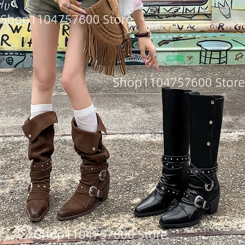 Women's Western Knee High Boots Buckle Stud Details Botas Classic Design Chunky Heel Cowgirl Inspired Casual Ladies Retro Boot