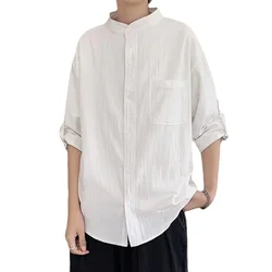 Camisa de lino para hombre, camisa de manga corta con cuello levantado, suelta, de algodón fino, Top informal, novedad de verano