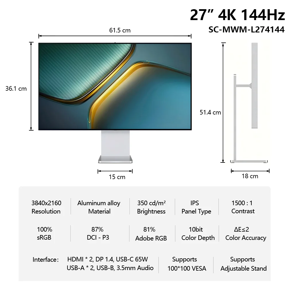 TCOLOR Aluminum Flat Screen    27 Inch 4k 144hz Gaming     with Speakers Adjustable Stand    for    Studio