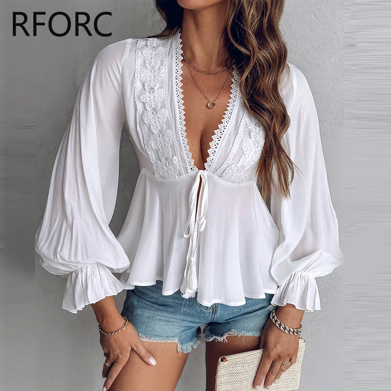 2024  Women Solid Long Sleeves Lace Patchwork Lace Up Sexy V Neck White Blouse Tops