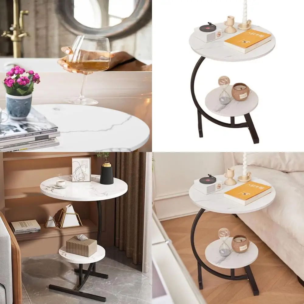 

Двухуровневый приставной столик C-образной формы с мраморной текстурой для закусок, для дивана, гостиной, кухни, спальни и сада