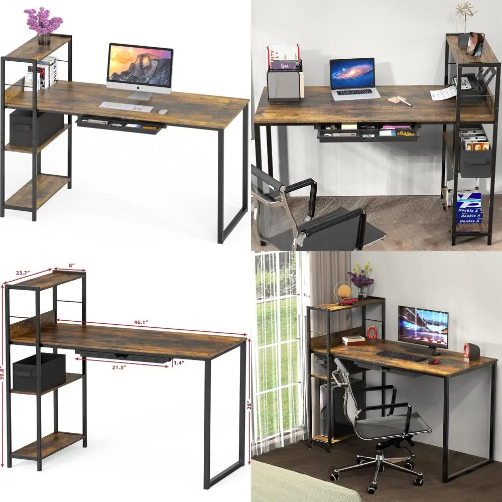 Rustic Brown 46-Inch Computer Desk with Side Shelf and Drawer for Home Office Mission Style