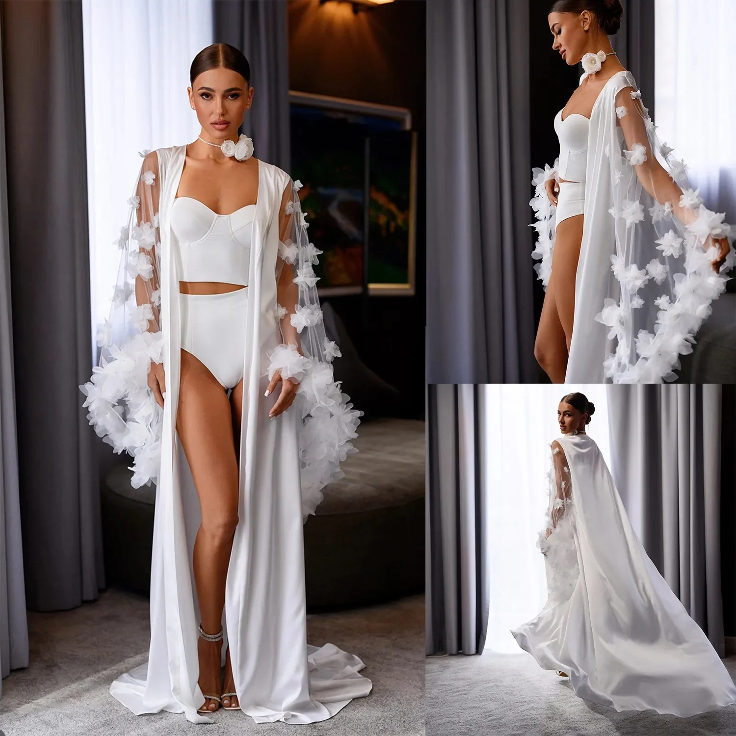 Cswdocy Floral Bride Robe Customized Women's Satin Nightgown Boudoir Bathrobe Long Sleeve Sleepwear Maternity Dress Babyshower