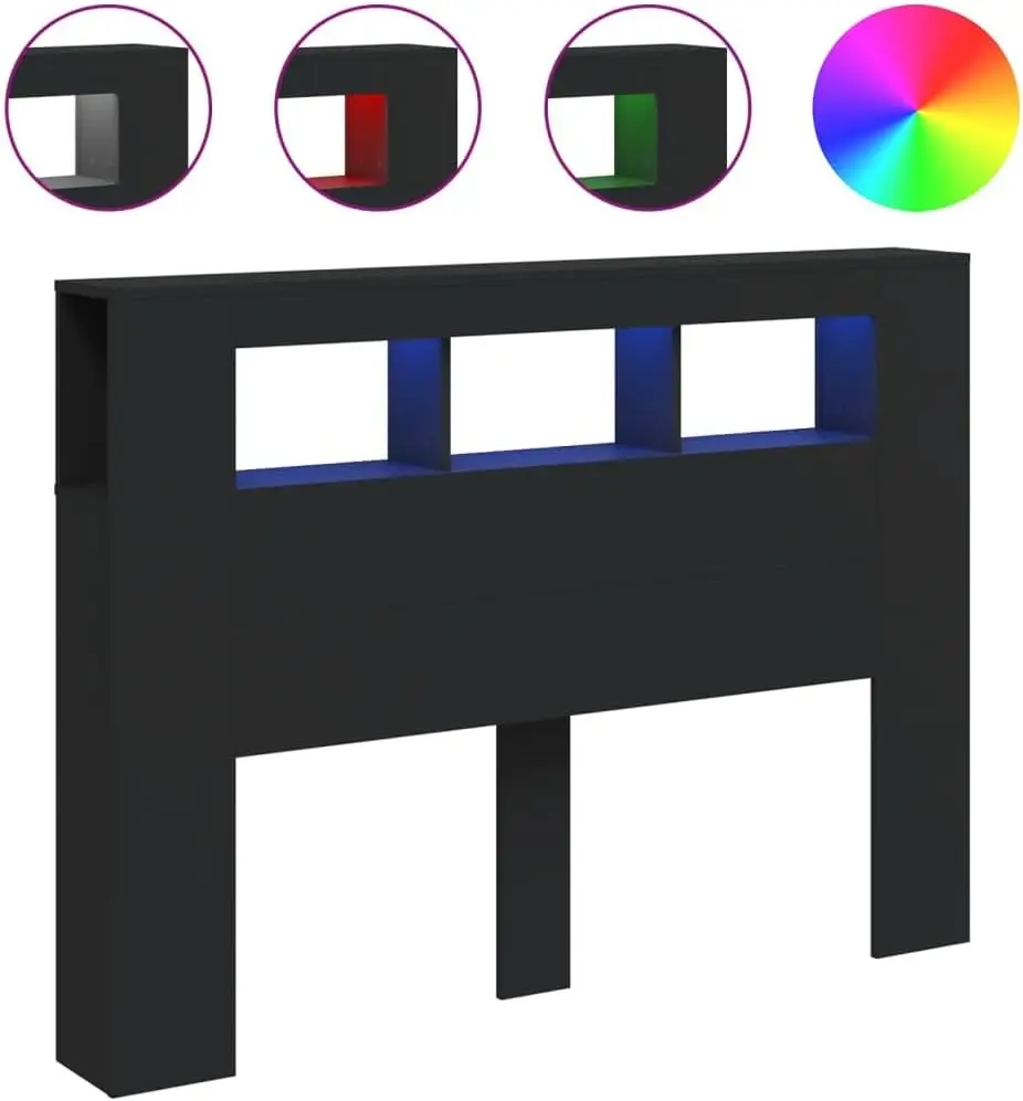 لوح رأسي لسرير بحجم كوين، خشب أسود هندسي، عرض 140 سم، أضواء RGB، مثبتة على الحائط، تخزين She #2
