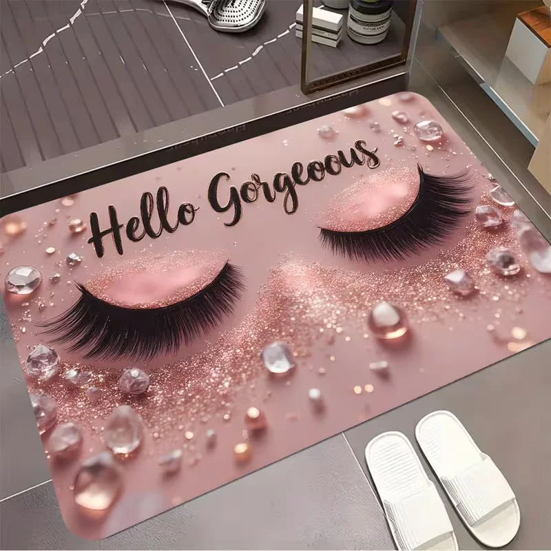 Augen-Make-up-Fußmatte „Hello Gorgeous“ mit Buchstaben-Print, Kosmetik-Eingangsteppich, weicher, rutschfester Dekorteppich für Schminktisch, Waschbecken, Make-up-Studio