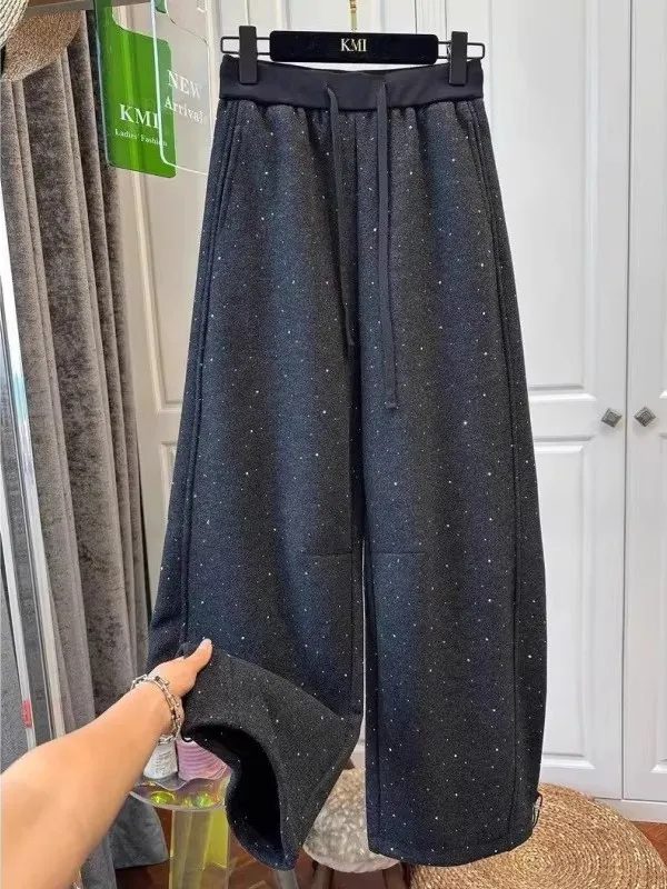 

Мужские брюки больших размеров с флисовой подкладкой, широкие штанины, весна-осень-зима, с вышивкой в виде звезд и бриллиантов, прямой крой, американский кэжуал