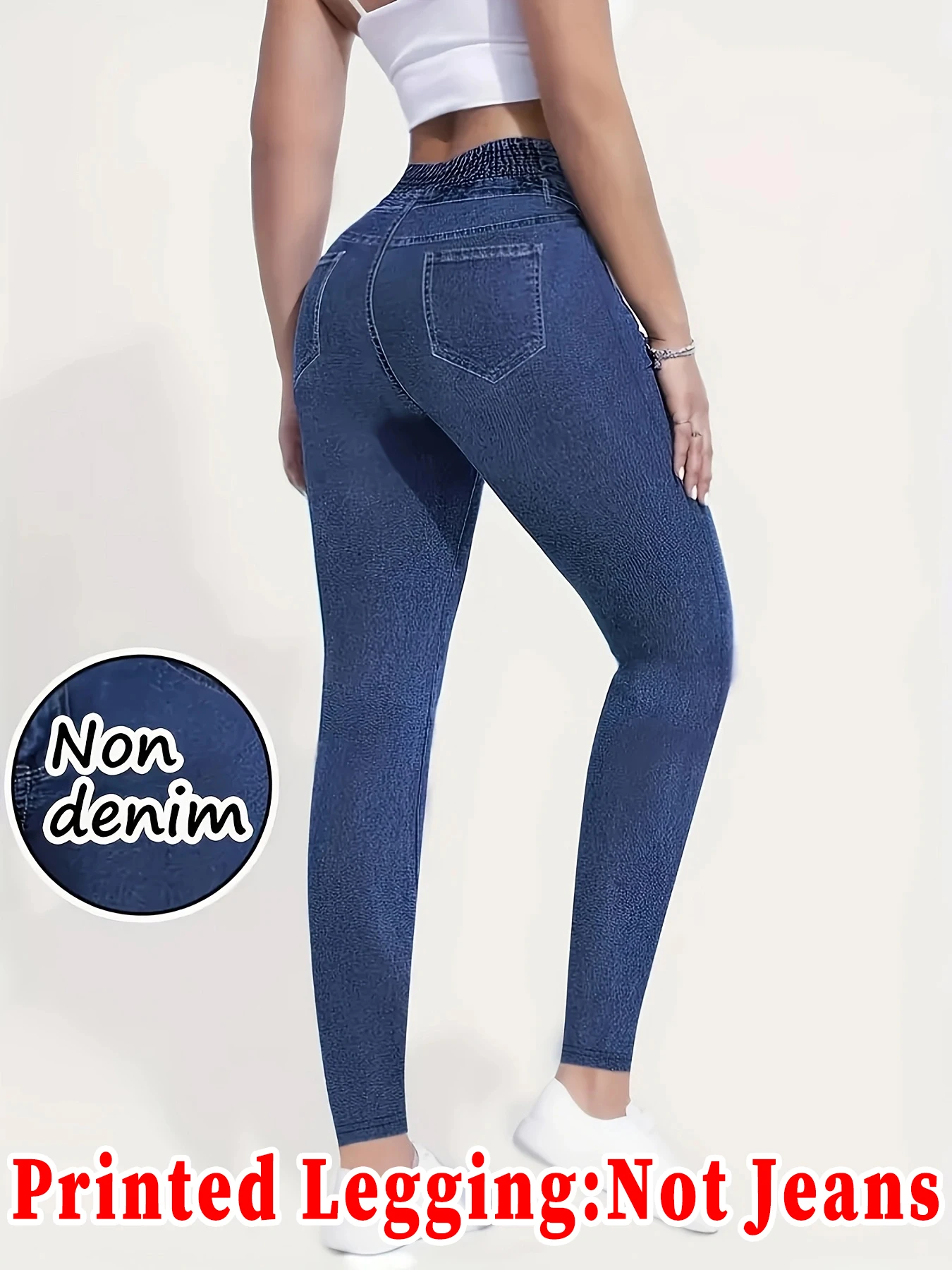 Fashionable women's faux denim printed skinny pants, high-elastic seamless leggings with fake pockets for casual and sports wear