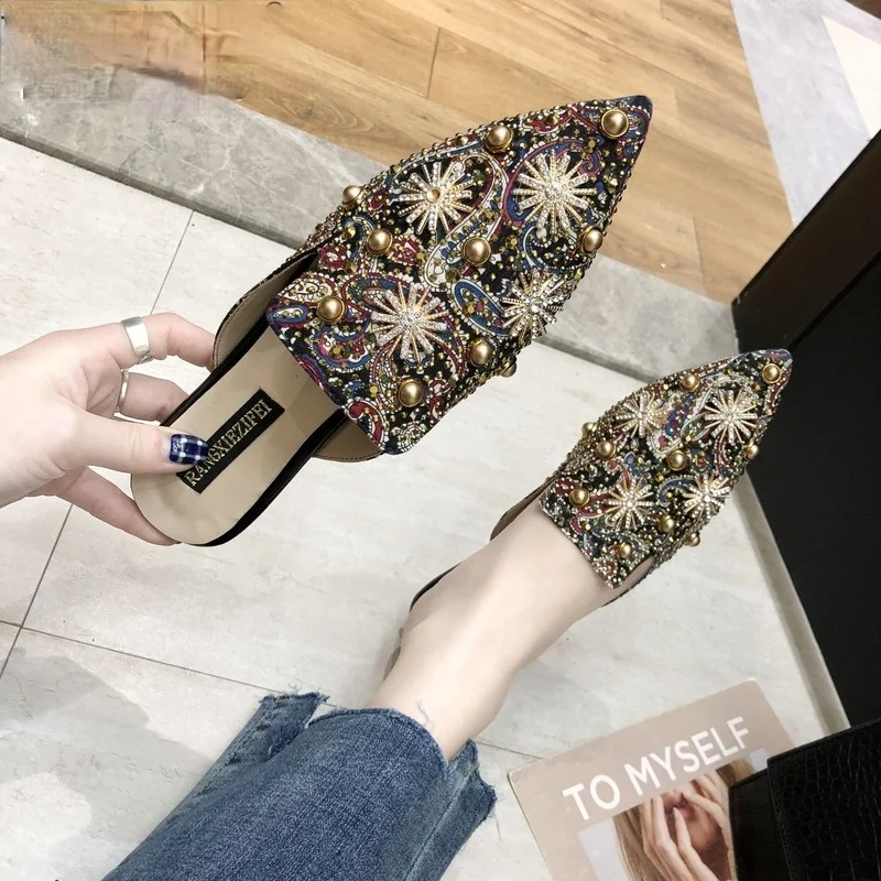 2021 Luxury Women Mules Ladies Summer Chinese Slippers Women Shoes 2021 New Low Heels Flat Casual Shoes Woman Flip Flops