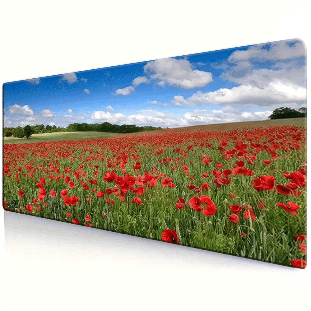 Oversized Mouse Pad Featuring Red Flower Fields Against a Blue Sky, Ideal for Gamers Using Computers And Laptops As Well