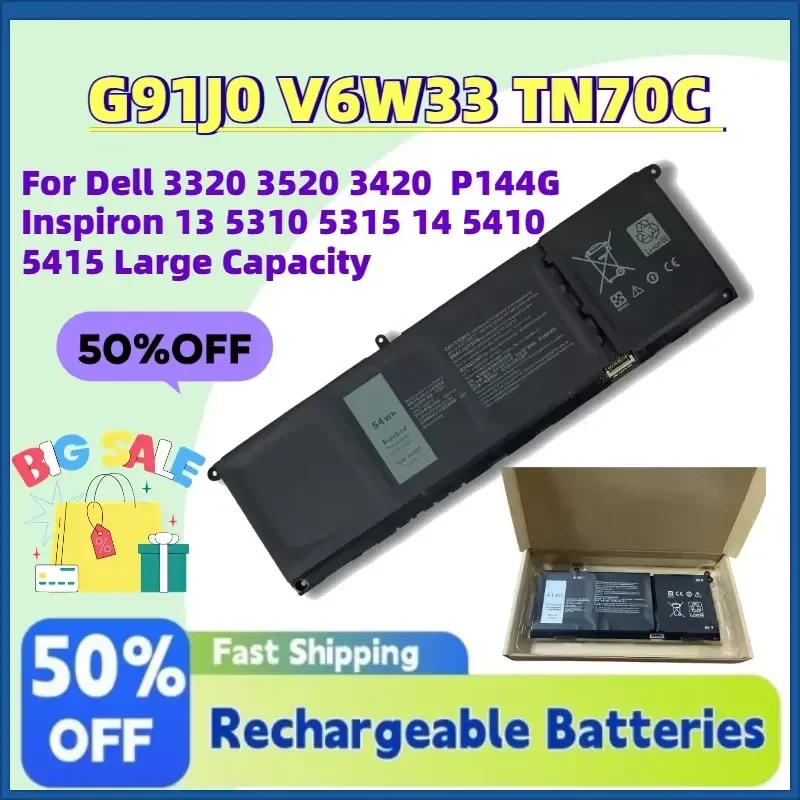 Upgrade New G91J0 V6W33 TN70C Laptop Battery for Dell 3320 3520 3420 P144G Inspiron 13 5310 5315 14 5410 5415 Large Capacity