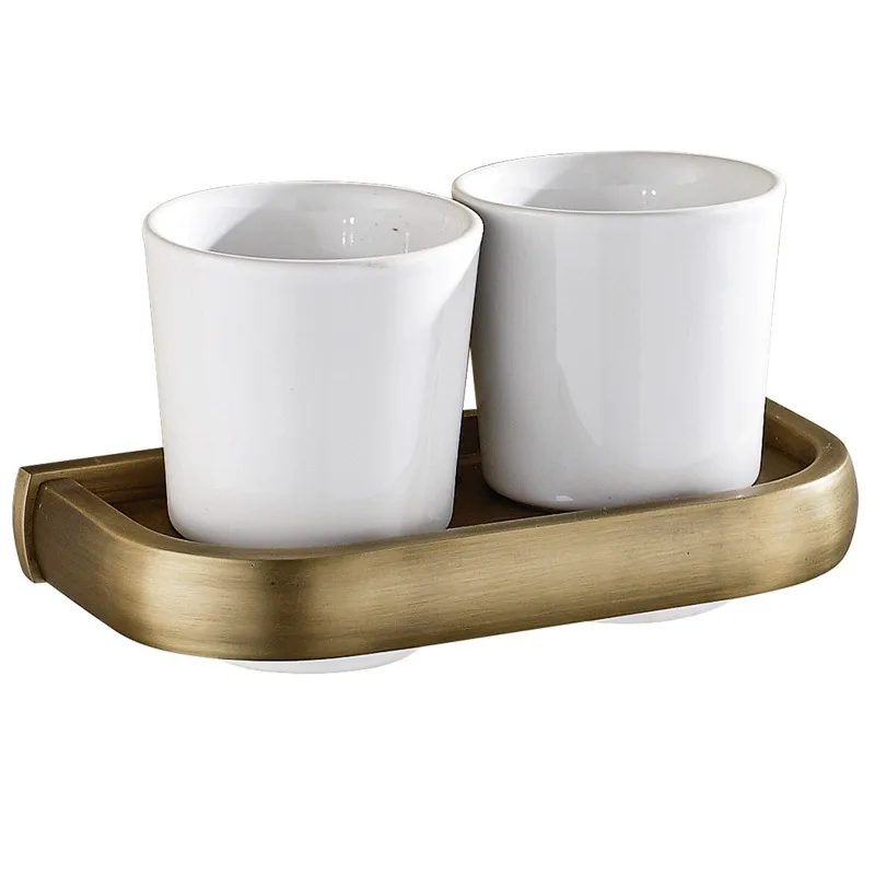 

Simple copper toothbrush cup holder antique bathroom white ceramic double cup mouthwash cup wall hanging new bathroom pendant