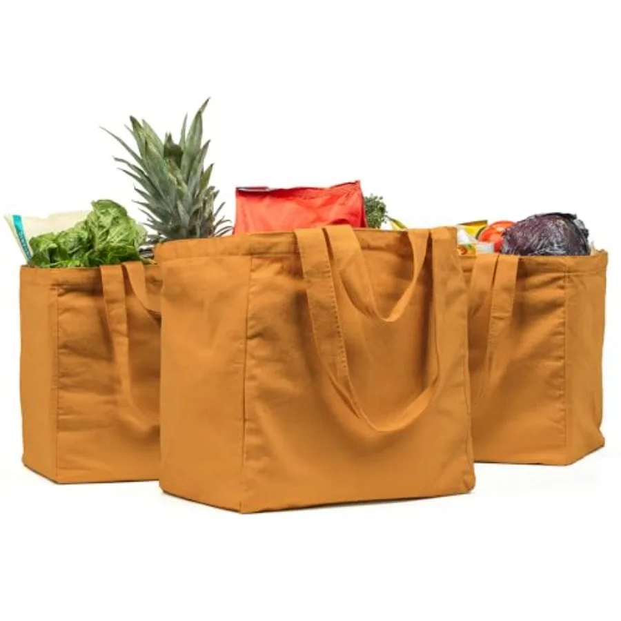 

Canvas Grocery Bag 3pc XL Set with Real Pockets Long Shoulder Strap and Short Handle. Heavy Duty Foldable Washable