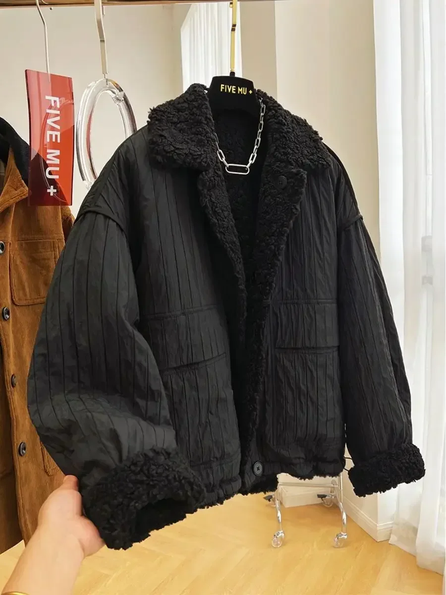 Jacket for Women Sherpa High-end Loose Thickened Warm Reversible Cotton Jacket Casual Versatile Street Style College Style