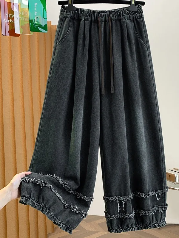 Artistic Vintage Women's Denim Pants Belted Flared Bootcut Hemmed Flower Bud Lantern Trousers Medium Cotton Polyester Blend
