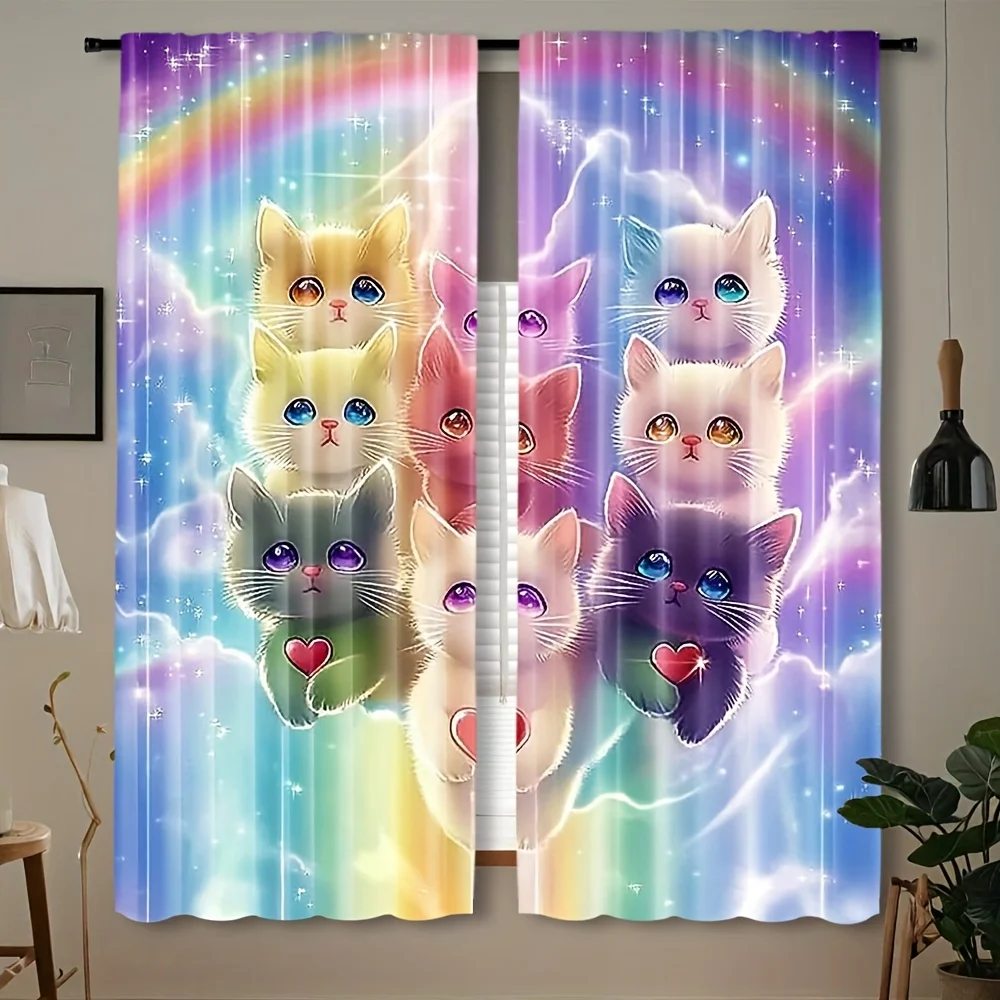 Cute Kitten Rainbow Curtain, Galaxy Cat Print Drape, Fantasy Animal Window Treatment for Kids Room Bedroom Home Decor