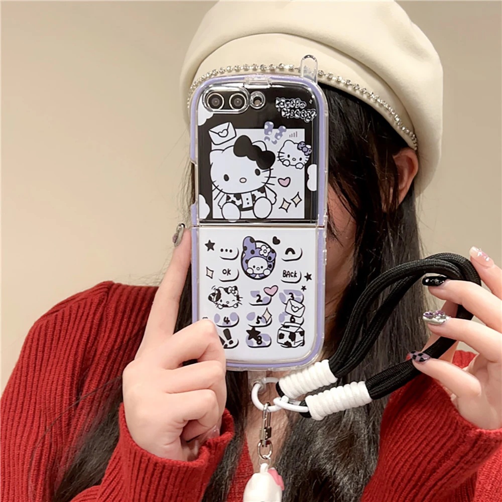 

Cute Telephone Sanrios Hello Kitty With Lanyard Phone Case for Samsung Galaxy Z Flip 3 4 5 5G PC Hard Anti-drop Back Cover Funda