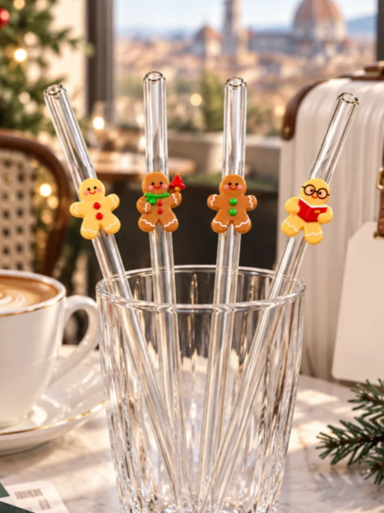 4PCS Christmas Gingerbread Man Combo Glass Straws Bend Reusable Clear Drinking Straws Coffee Juice Party Gift Xmas