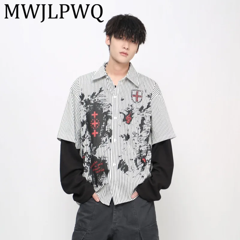 

MWJLPWQ High Street Niche Graffiti Gothic Printed Shirt Fake Two-Piece Long Sleeve Men's Trend Autumn Couple American Tops 21125