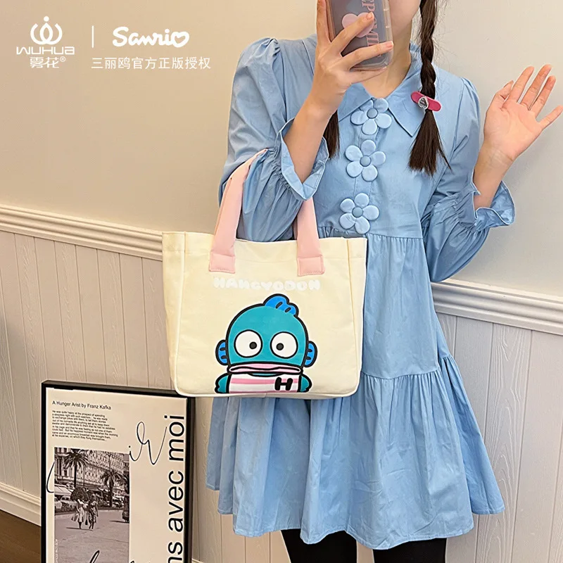 Sanrio Kawaii Kuromi My Melody Tote Canvas Bag Anime Hangyodon Shoulder Bag Girl Heart Cartoon Cute Fashion Bag Gift for Kids