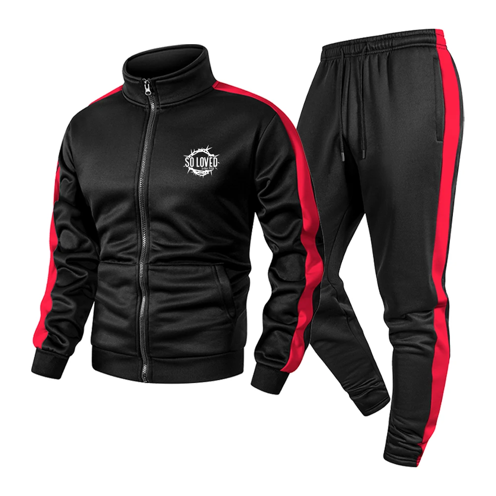 Men's Color Block Fitness Set Thorn Circle Design Soloved Stand Collar Zip Jacket And Drawstring Pants Casual Outdoor Sportswear