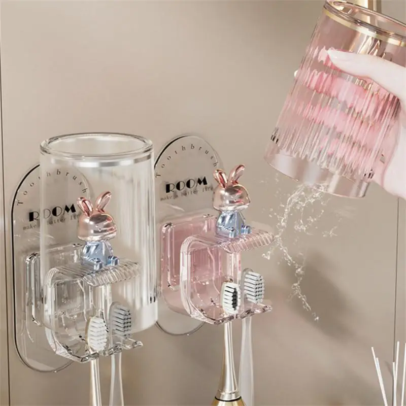 Rabbit Shape Toothbrush Holder Storage Shelf With Cup Toothbrush Organizer Multifunctional Cute Mouthwash Cup Rack