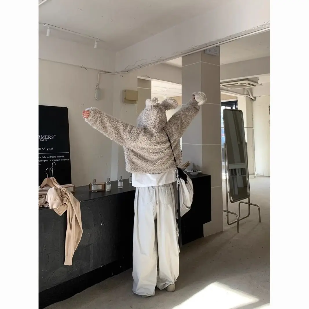Retro Cute Rabbit Ear Imitation Fur Short Hooded Plush Jacket for Women in Winter Loose Thick Lazy Style