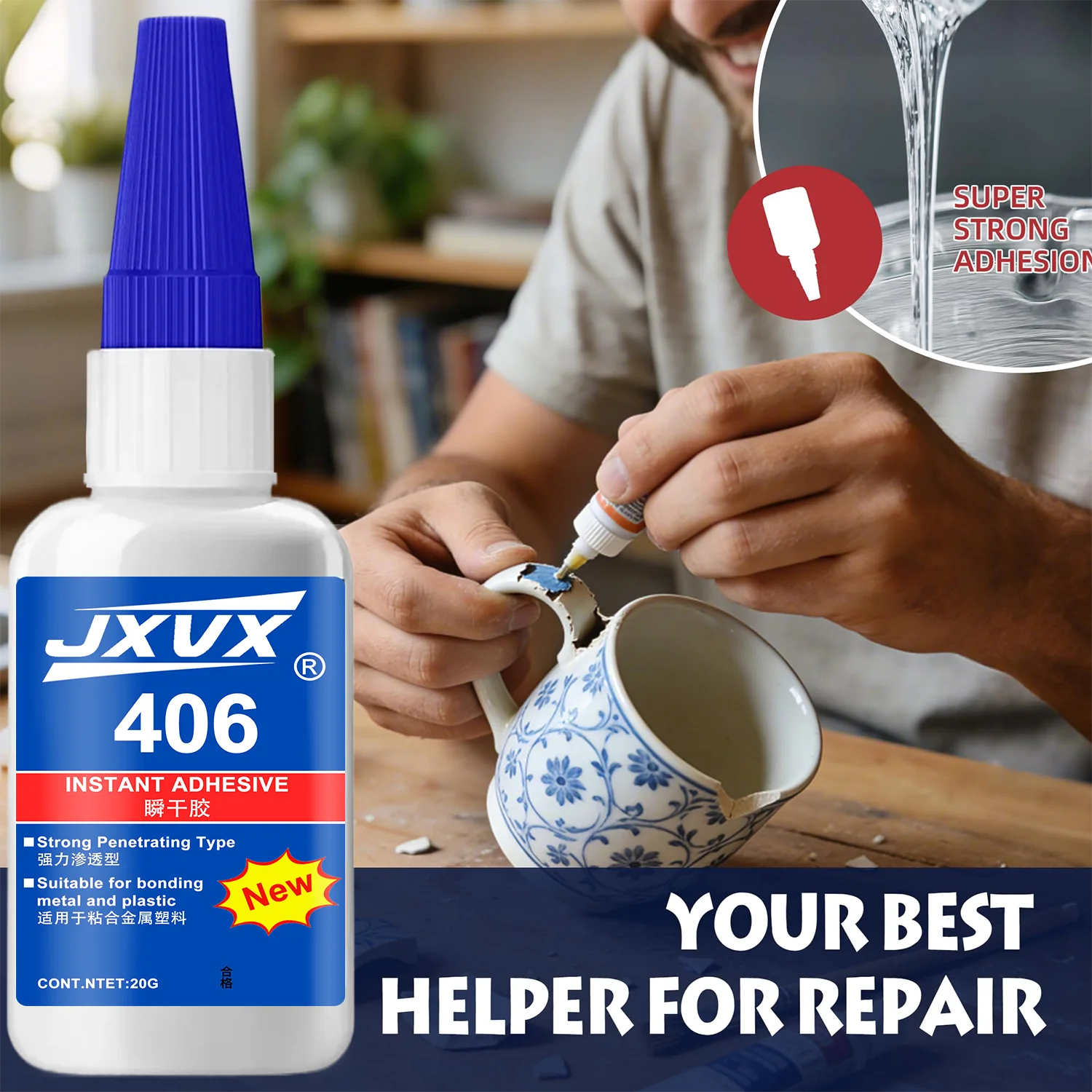 JXVX 406 Super Glue Waterproof, high Temperature Resistant and 5-second quick-dry Transparent For Ceramics and Porcelain,1-6pcs.