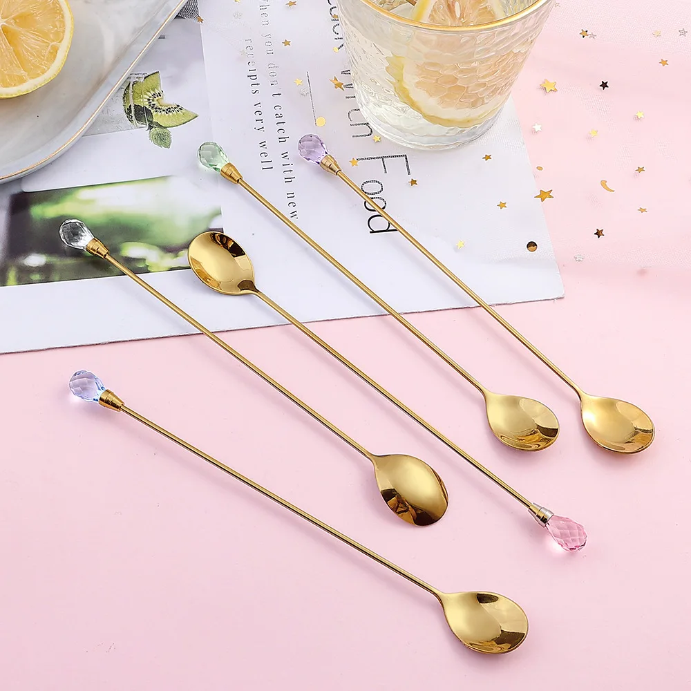 5pcs Crystal Spoon Set Long Handle Teaspoon 430 Stainless Steel Diamond Ice Spoon Perfect for Dessert Ice Cream Coffee Cocktail