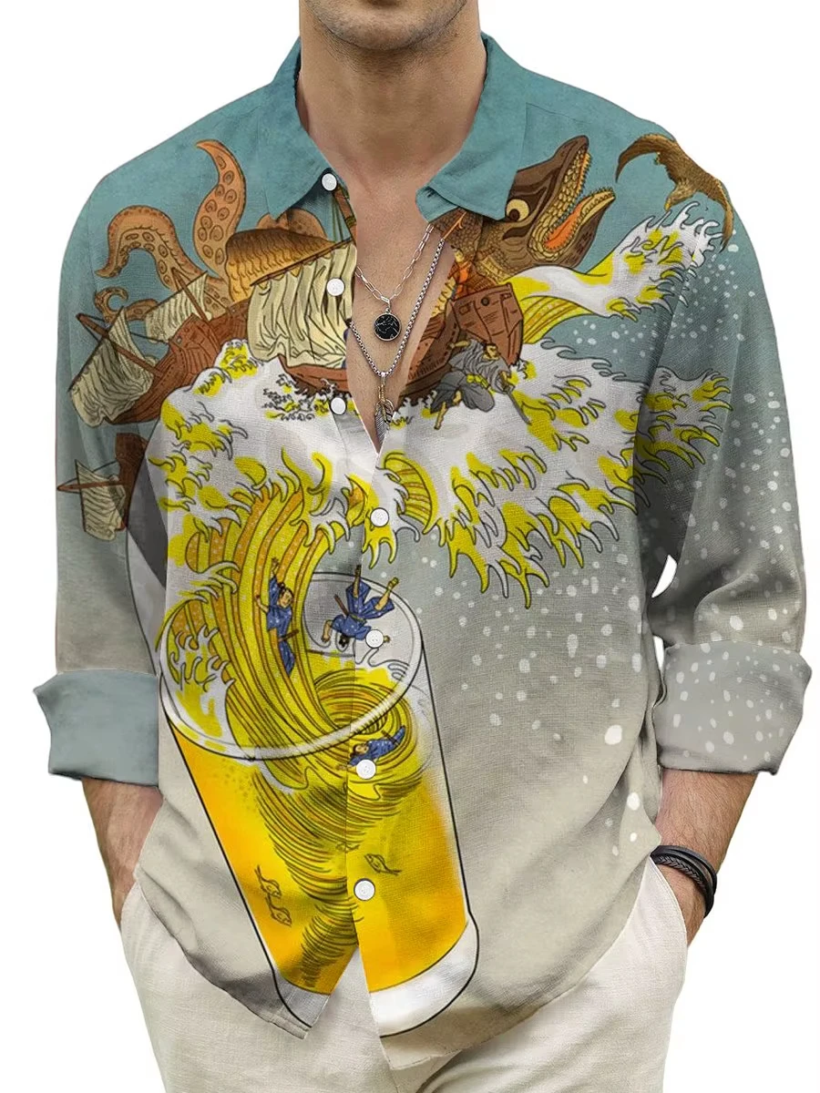 Men's Buttoned Shirt Spring Summer Long Sleeve Mexican Western Denim Comfortable Outdoor Farm Work Fit Easy Clean Large 2025