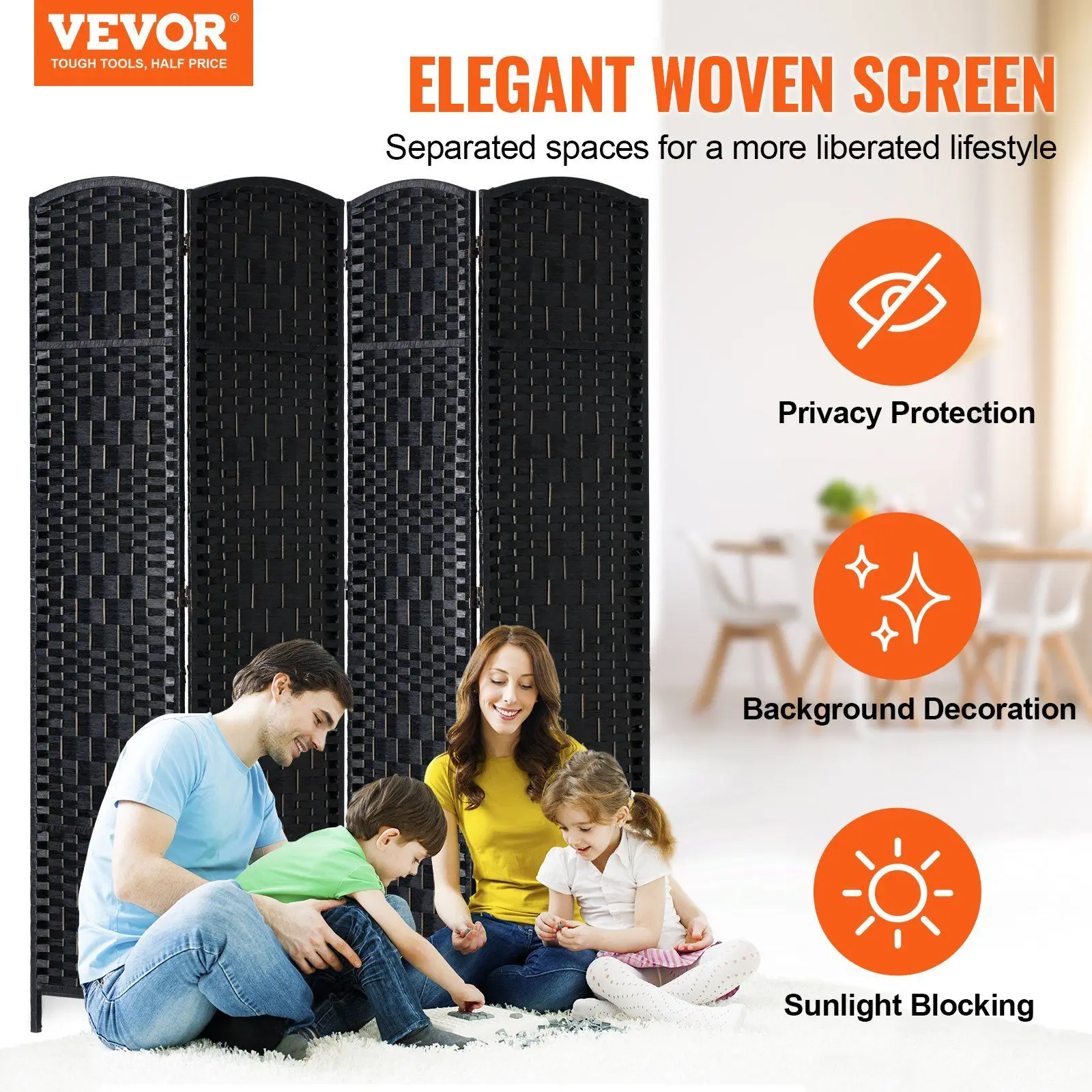 4 Panel Room Divider Hand-Woven Folding Privacy Screen with Hinges Black