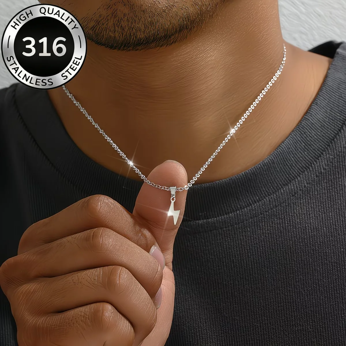 Colar com Pingente de Relâmpago Geométrico em Aço Inoxidável Simples, Acessório de Joalheria para Mulheres e Homens, Ornamento para Festa