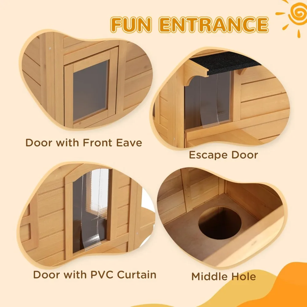 pawhut 2-story cat house outdoor, weatherproof wooden cat enclosure for feral cats with escape door, openable roof, jumping plat view 4