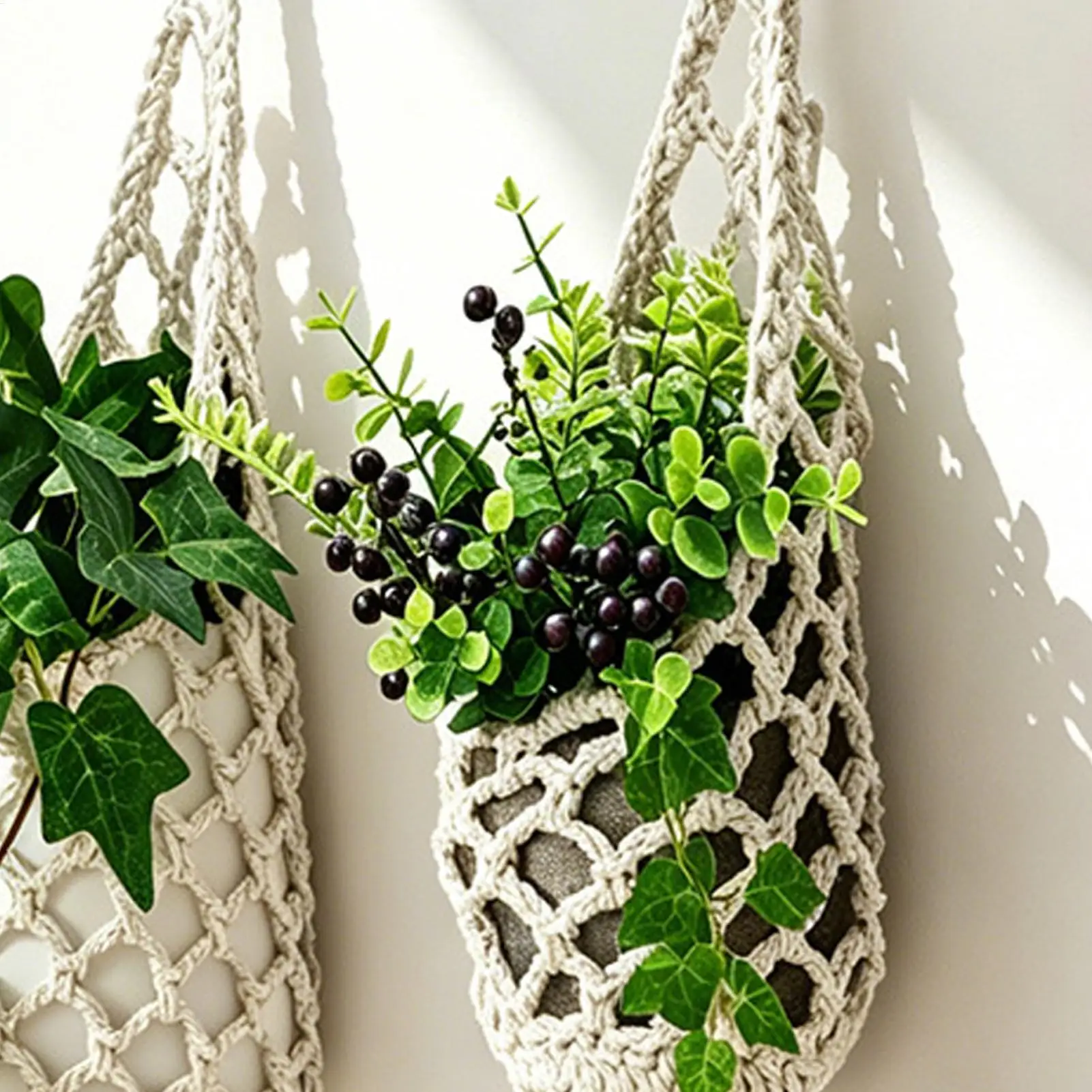 Boho Macrame Wall Plant Hanger Hand Cotton Rope Woven Hanging Basket with Net Pouch Home Garden Decoration Organizer Basket
