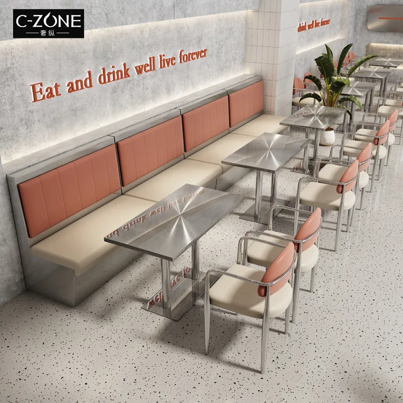 

Commercial furniture industrial wind western restaurant against the wall card dessert shop stainless steel table and chair combi