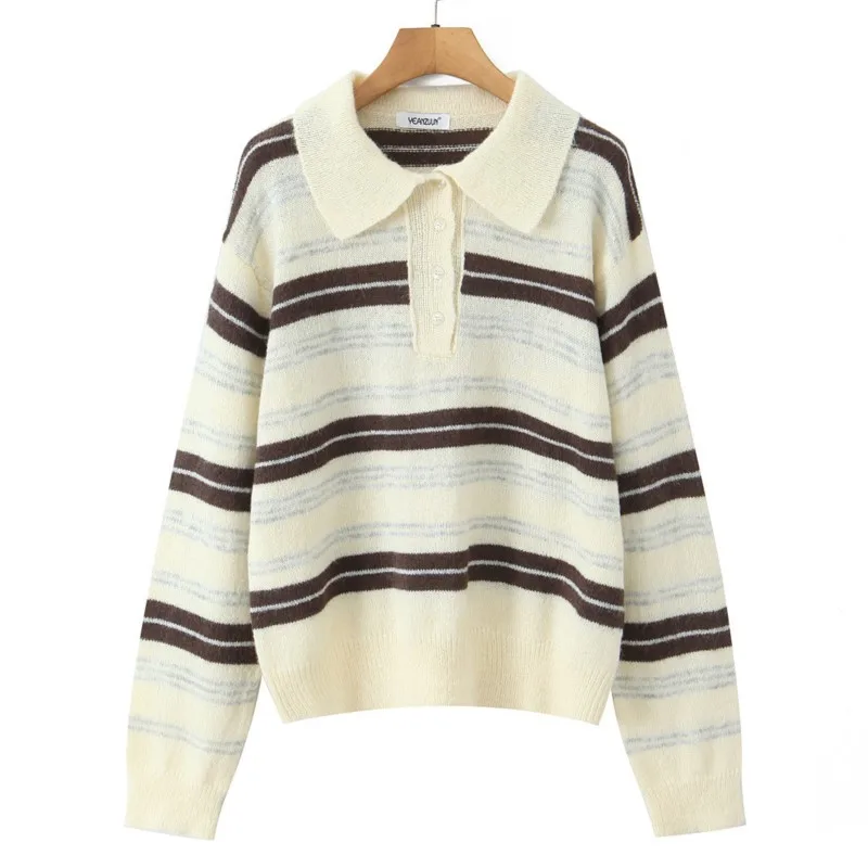 2025 outono inverno novo estilo coreano feminino doce camisola de malha gola polo manga longa listrado malha macio e confortável design topos